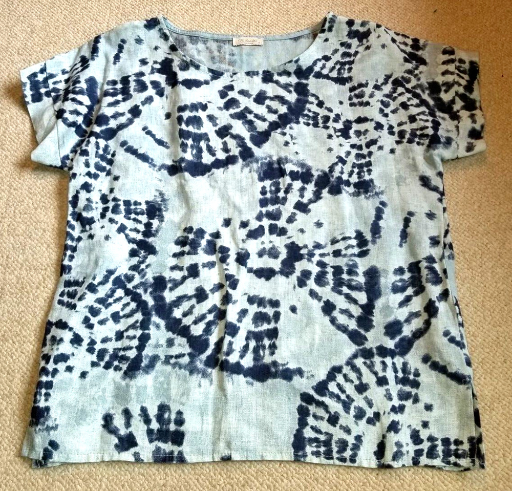Womens Top-BELLA UMBRA-ITALY-blue tie dye-look 100% linen tunic short sleeves-S